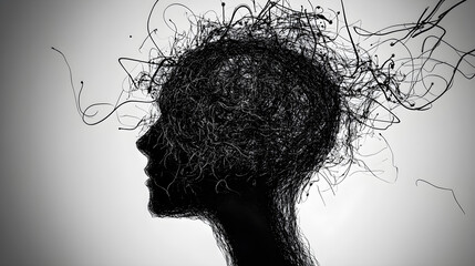 Overloaded Mind – A head silhouette filled with tangled wires