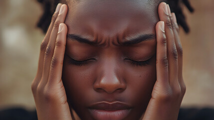 Obraz premium Close-up of a person pressing their hands against their temples, eyes closed, to illustrate a headache or mental strain