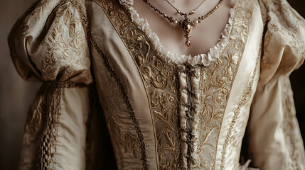 Tudor-era attire with luxurious fabrics and intricate details