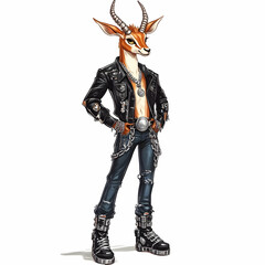 Fototapeta premium A cartoon illustration of a cool, stylish, and tough-looking gazelle wearing a leather jacket, jeans, and boots, standing with hands on hips.