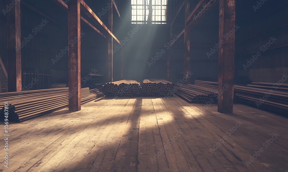 Fototapete a dimly lit warehouse with wooden beams and neatly stacked objects, illuminated by rays of sunlight 