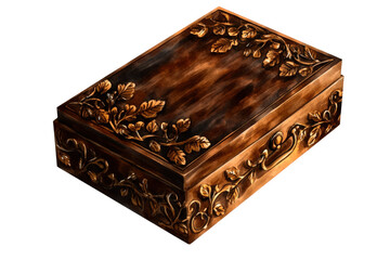 Elegant wooden box with intricate floral carvings, isolated on a white background.