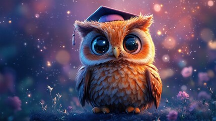 A cute cartoon owl wearing a graduation cap and looking at the camera.