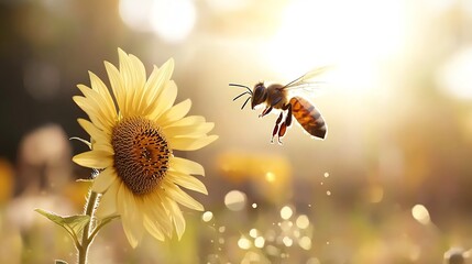 Bee midflight approaching a sunflower, wings caught in motion, soft focus capturing summer light