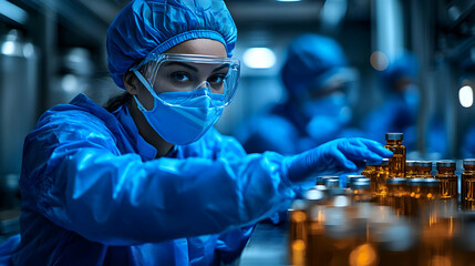 Production Facility Worker In Blue Suit Wearing Safety Glasses And Mask