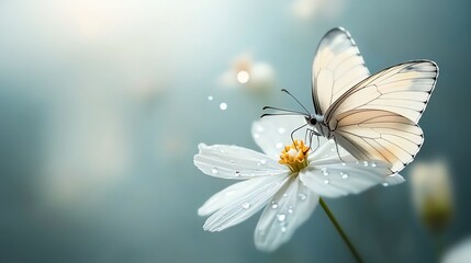 Obraz premium Butterfly gently resting on a soft, dewladen petal, macro with intricate wing details