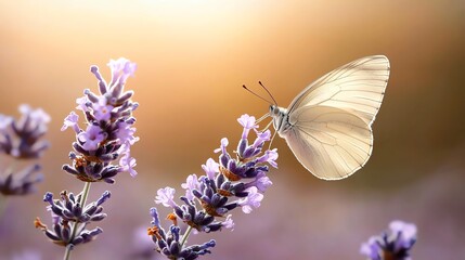 Naklejka premium Butterfly sipping nectar from a lavender bloom, macro shot emphasizing wing scales, soft, dreamy background