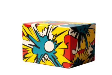 Vibrant die-cut box with comic-style pop art design, isolated on white background.