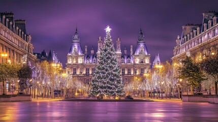 Festive Christmas Tree in City Square at Night