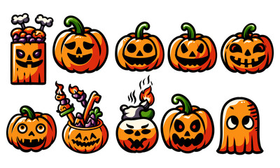 Pumpkin cartoon set bundle. Halloween illustration. Horror and spooky element. No AI generated. Fit for banner, poster, symbol, background, apparel, cover. Eps 10.