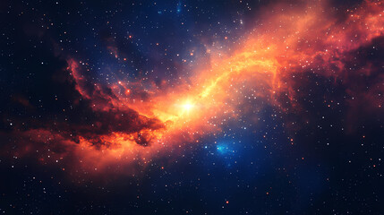 A celestial expanse dotted with stars, speckled with interstellar dust; at its heart, a radiant beacon emanating brilliant shades of orange and blue. Celestial. Illustration