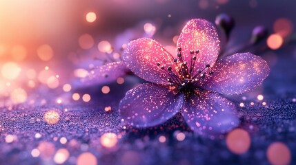 A delicate pink flower with sparkling glitter, illuminated by warm lights.