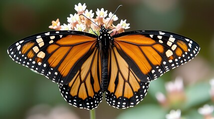 Closeup of a monarch butterfly feeding on milkweed, softfocus background, fine scale details