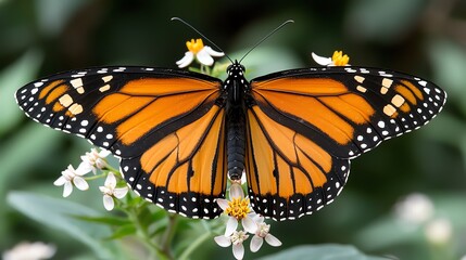 Fototapeta premium Closeup of a monarch butterfly feeding on milkweed, softfocus background, fine scale details