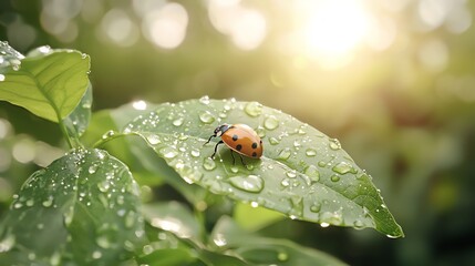 Dewcovered ladybug resting on a vibrant green leaf, illuminated by gentle sunlight, macro photography, ultradetailed, soft focus