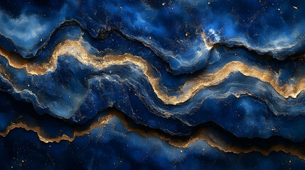 Fototapeta premium Abstract Blue and Gold Background - Swirling Waves of Ink