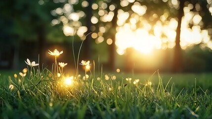 Firefly glow illuminating nearby grass, macro shot under a soft, twilight sky