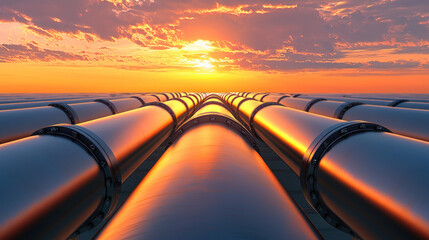 Obraz premium Pipelines stretch into horizon under vibrant sunset, creating stunning view.