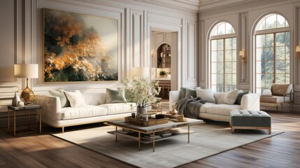 A spacious living room with white walls, white sofas, and a large painting on the wall. 