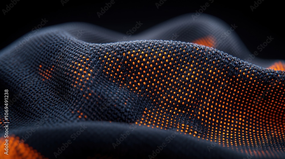 Poster a close-up of textured fabric showcasing vibrant orange and black colors, highlighting intricate pat
