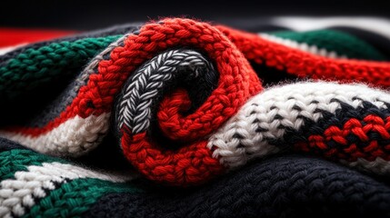 A close-up of a curled, colorful knitted blanket featuring red, white, black, and green stripes, showcasing intricate textures and patterns.