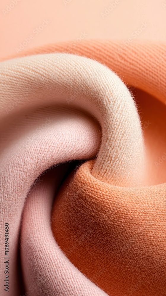 Poster a soft, folded fabric showcasing a gradient of peach to pink hues, emphasizing texture and color in 