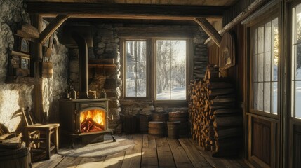 Cozy Cabin Interior with Warm Fireplace and Snow View