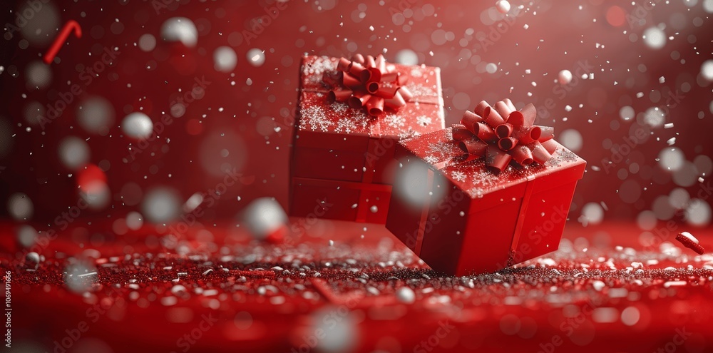 Poster minimalistic 3d rendering of open white gift boxes with red ribbons bow on dark red background high 