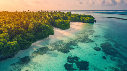 Obraz premium A stunning aerial shot of a remote tropical island with shallow, clear waters exposing vibrant coral reefs, soft white sandy beaches, and lush green jungle along the coast.