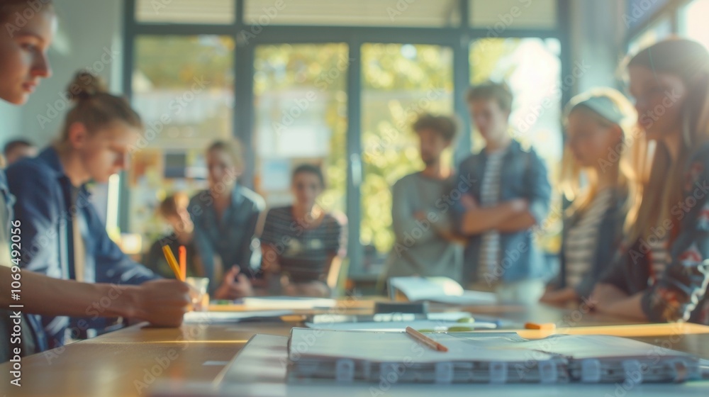 Poster blurry students gathered around a table eagerly watching as the instructor demonstrates a new techni