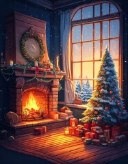 Fototapeta premium Cozy Christmas/The most wonderful time of the year/Christmas tree/Sweet home/Winter/Fireplace/snowing/miracle/beautiful