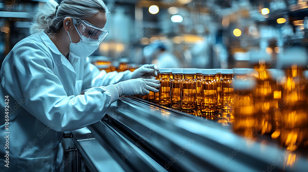Poster production line worker inspecting bottles - realistic image