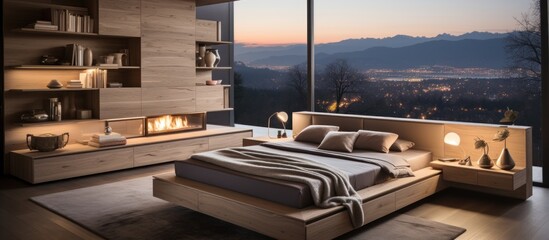 Modern bedroom with a fireplace, a large window with mountain and city views, a wooden bed, and a rug.