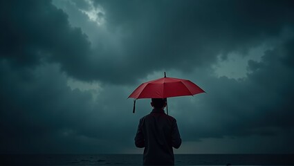 Person with red umbrella standing under stormy sky with lightning, evoking mood and drama. Generative, AI,