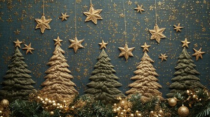A luxurious woven fabric background with delicately embroidered Christmas trees and stars in shimmering gold thread, creating an elegant and festive atmosphere.