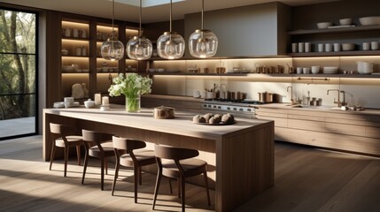 A modern kitchen with wooden cabinets, a large island, and a window overlooking a garden.