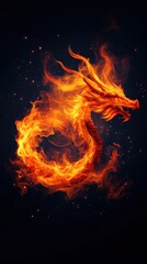 Fototapeta premium A mythical fire dragon surrounded by flames on a dark background.