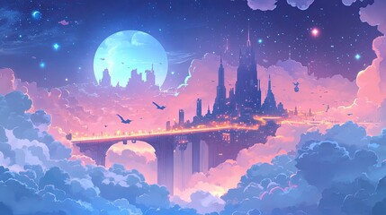 Naklejka premium A Futuristic City Floating Above the Clouds at Night