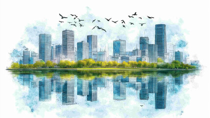 Obraz premium Watercolor illustration of cityscape with lake and trees in foreground