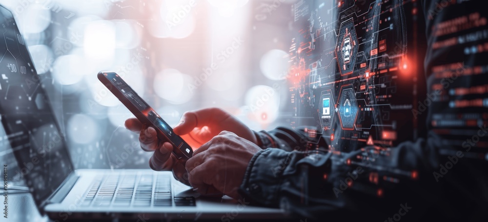 Poster Cybersecurity Data Protection User Using Mobile Phone Laptop Privacy Security Data Encryption System Secure Internet Access Software Technology