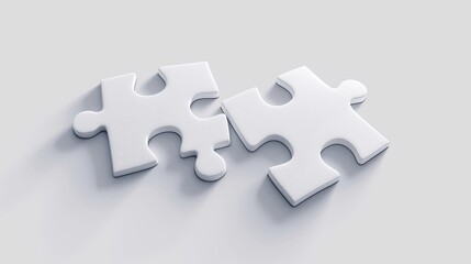 Minimalistic 3D rendering of two white puzzle pieces on a light background in simple shapes