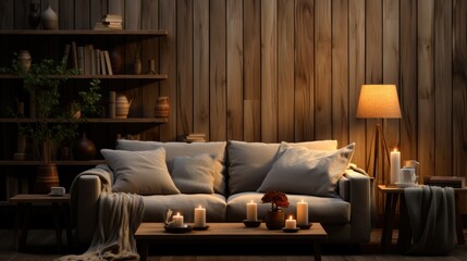 A cozy living room with a sofa, coffee table, and candles in front of a wooden wall.