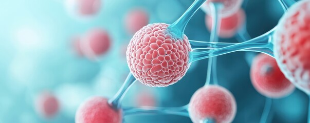 A close-up view of vibrant red cells interconnected by thin strands, a cellular structure