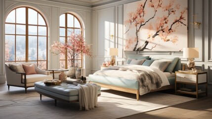 A luxurious bedroom with a large bed, two windows with a view of a snowy landscape, a chair, and a painting above the bed.