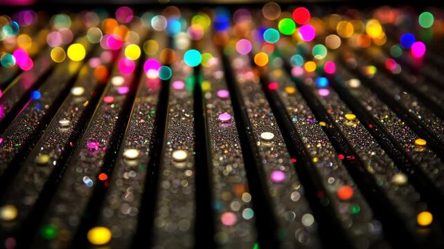 Colorful lights reflect off a black surface, creating a sparkling effect