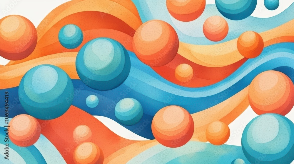 Aufkleber a vibrant abstract design featuring colorful waves and floating spheres in shades of blue, orange, a