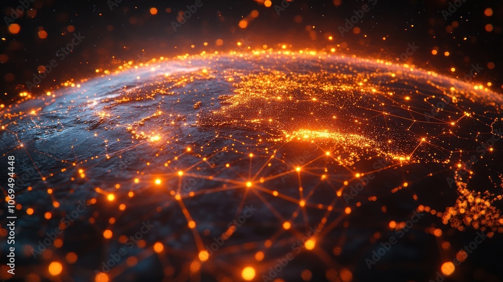 Aufkleber a glowing network of lines and points connecting cities and countries across a globe.