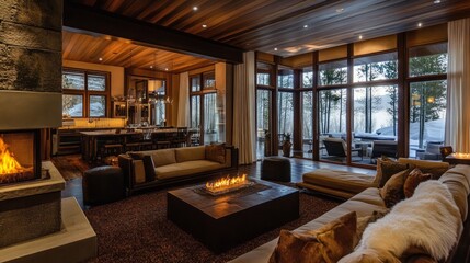 Cozy living room with fireplace, large windows, and a view of a snowy landscape.