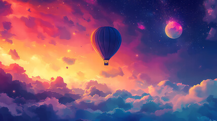 Fototapeta premium A hot air balloon floating in a vibrant, cloudy sky, with a firework of celestial bodies. Celestial. Illustration