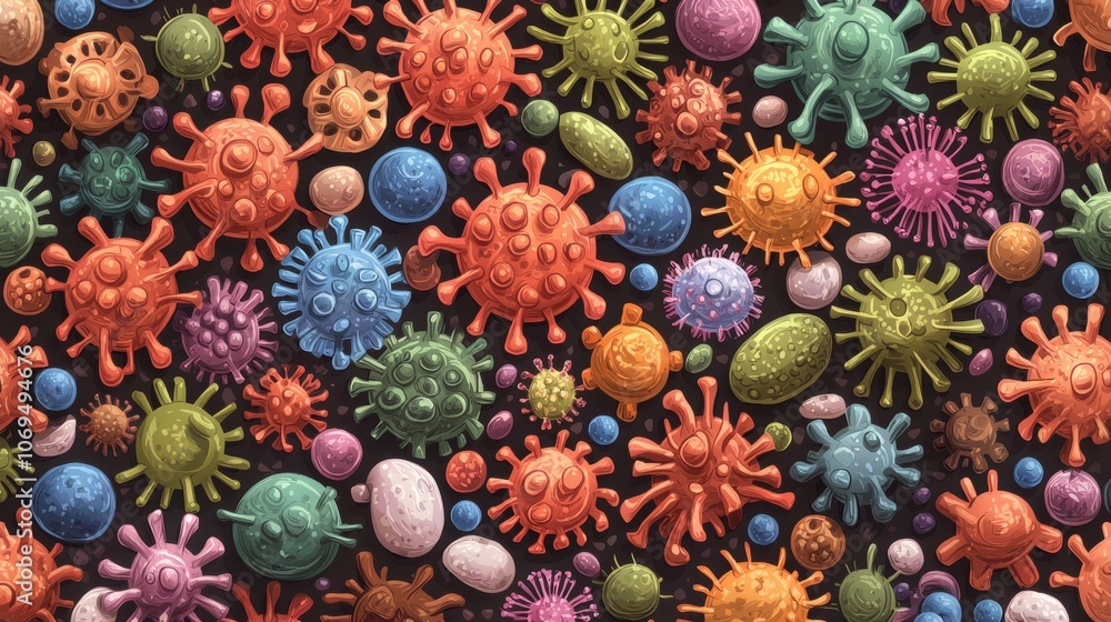 Poster a vibrant array of colorful virus and bacteria models
